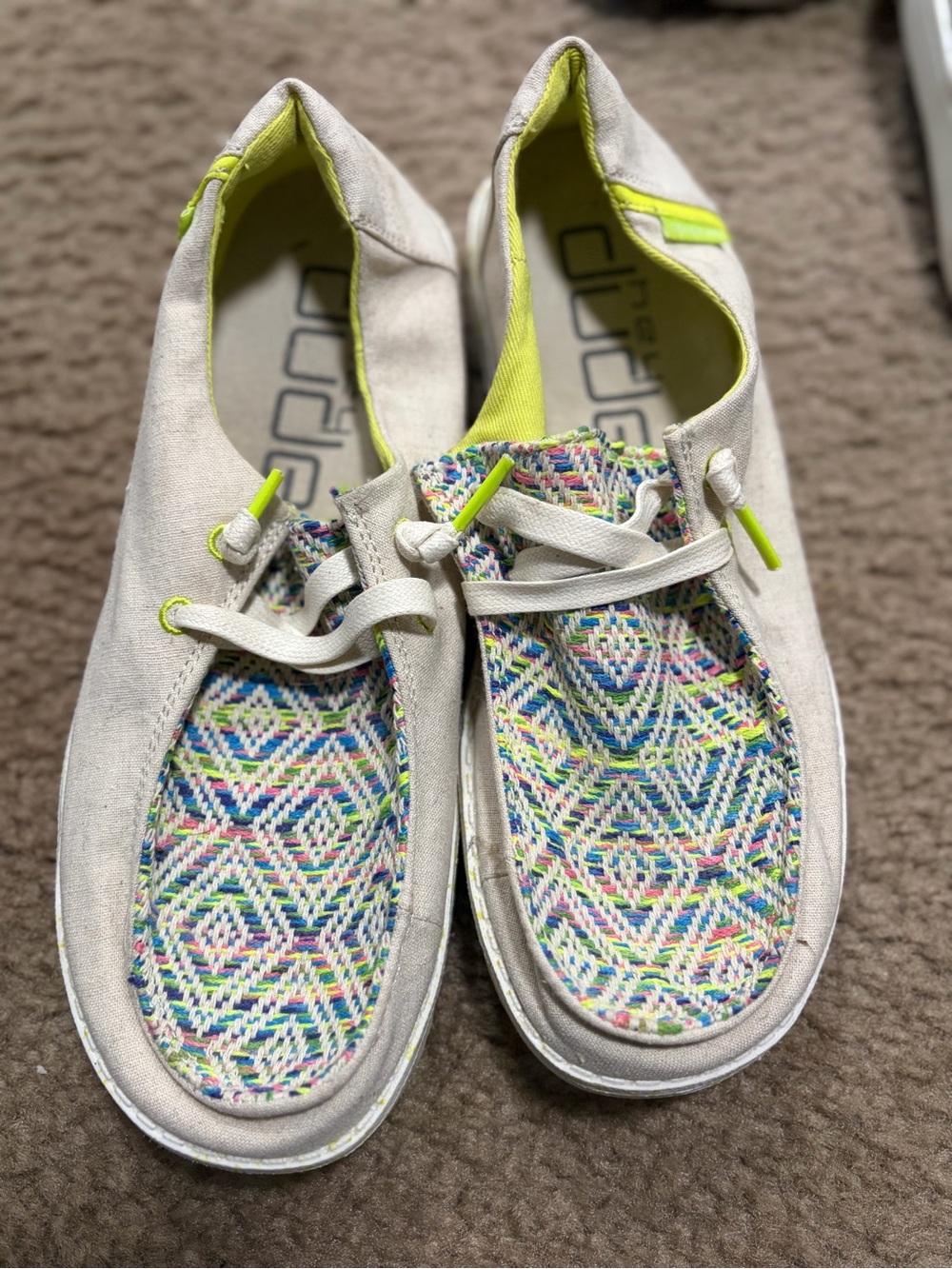 Hey Dude Multicolor Knit and Cream Moccasins with Neon Yellow Accents